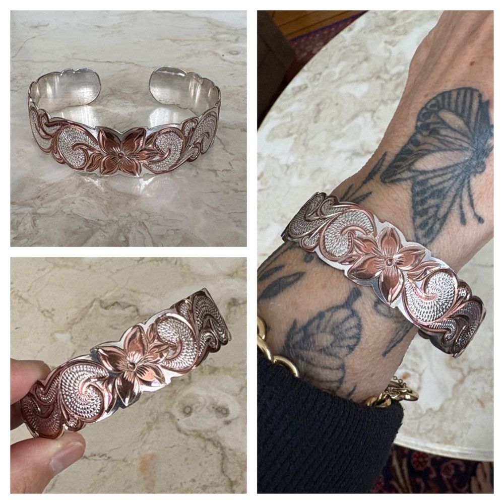 925 Sterling Silver & Copper Hawaiian Scroll Plumeria Cuff Bracelet – 32g